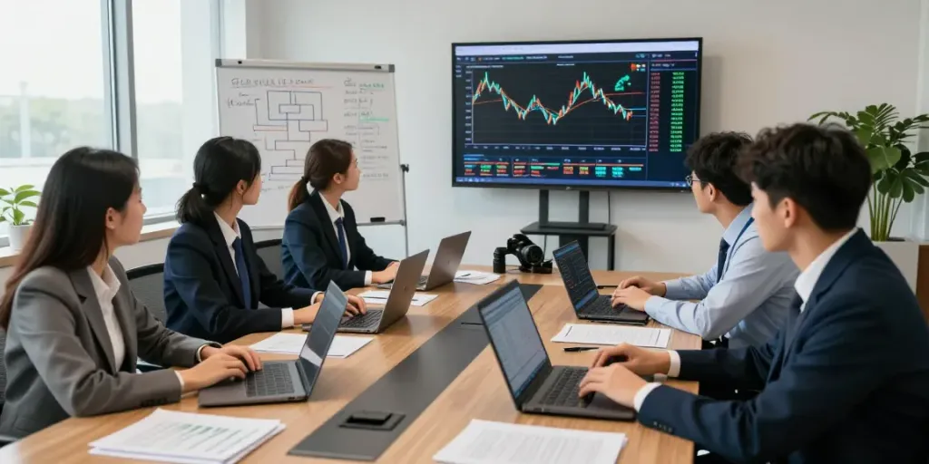 Collaborative financial crime investigation team analyzing data in a modern office.