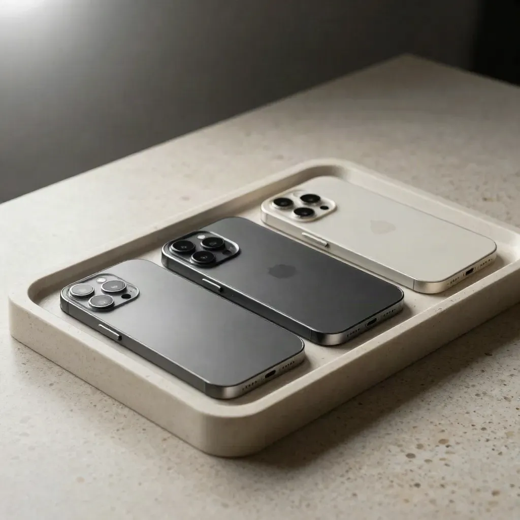 Three smartphone prototype bodies in foam trays with adhesive markers on travertine.