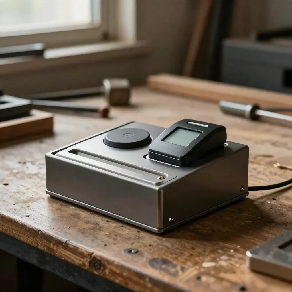 Compact booking kiosk hardware on a workshop table in warm late-afternoon light.
