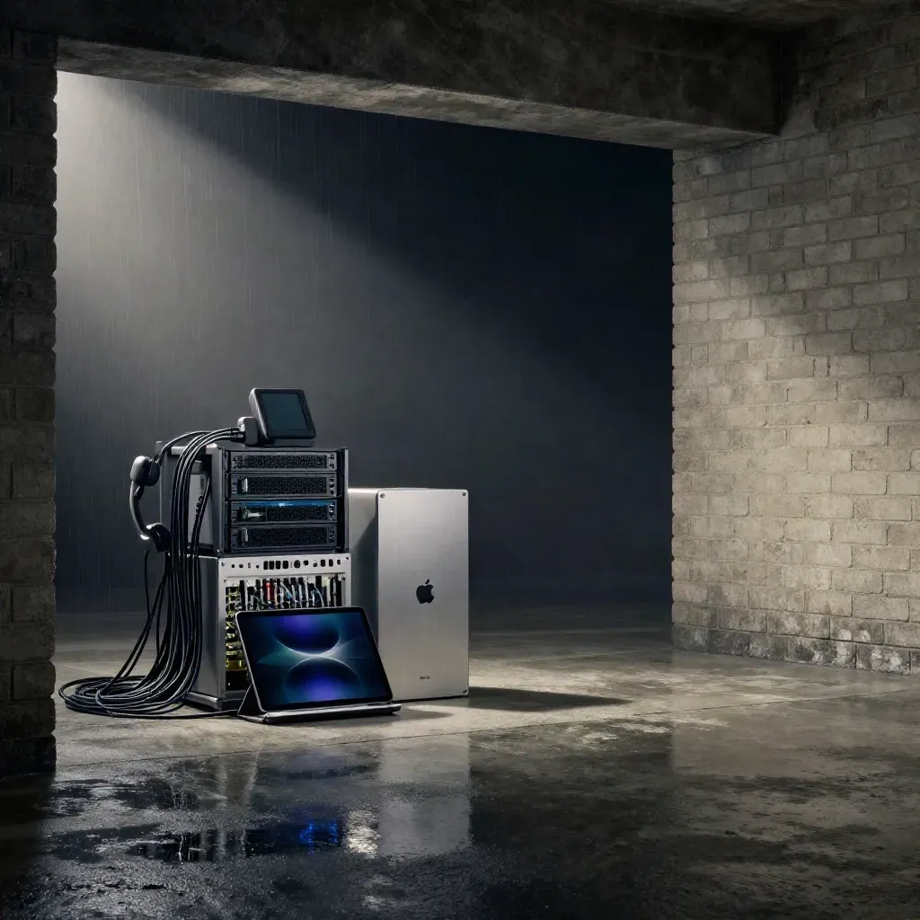 Brick tech studio with prototype rig, server rack and tablet mockup lit by rain-streaked blue rim light