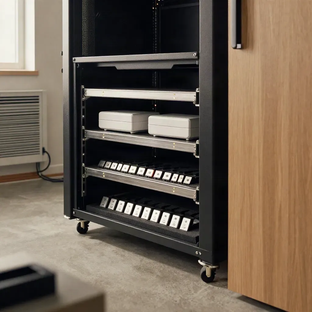 Glowing pilot deployment rack in a finished cabinet with sealed devices and hardware access tokens