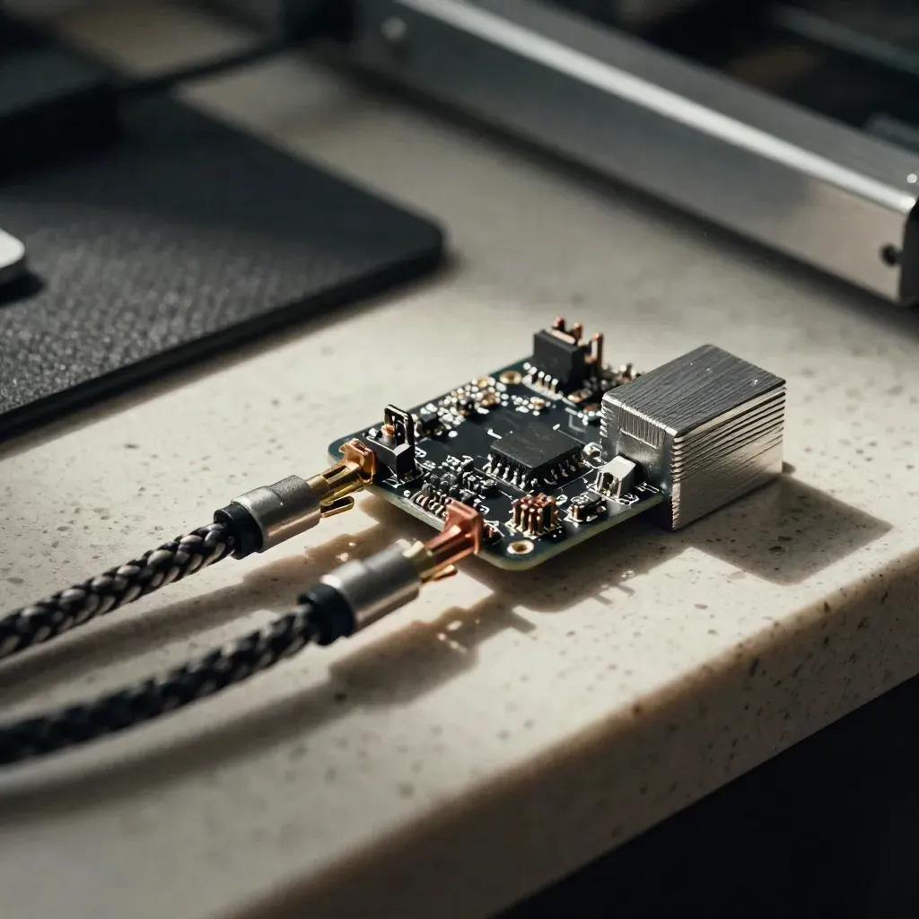 Macro of braided test leads, a microcontroller board and milled adapter block on an electronics bench.