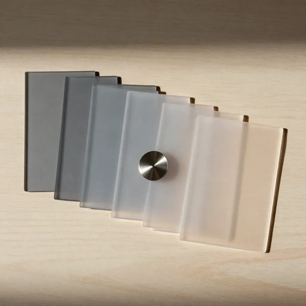 Frosted acrylic planning cards, cable tags, and a small brushed metal token on pale wood.