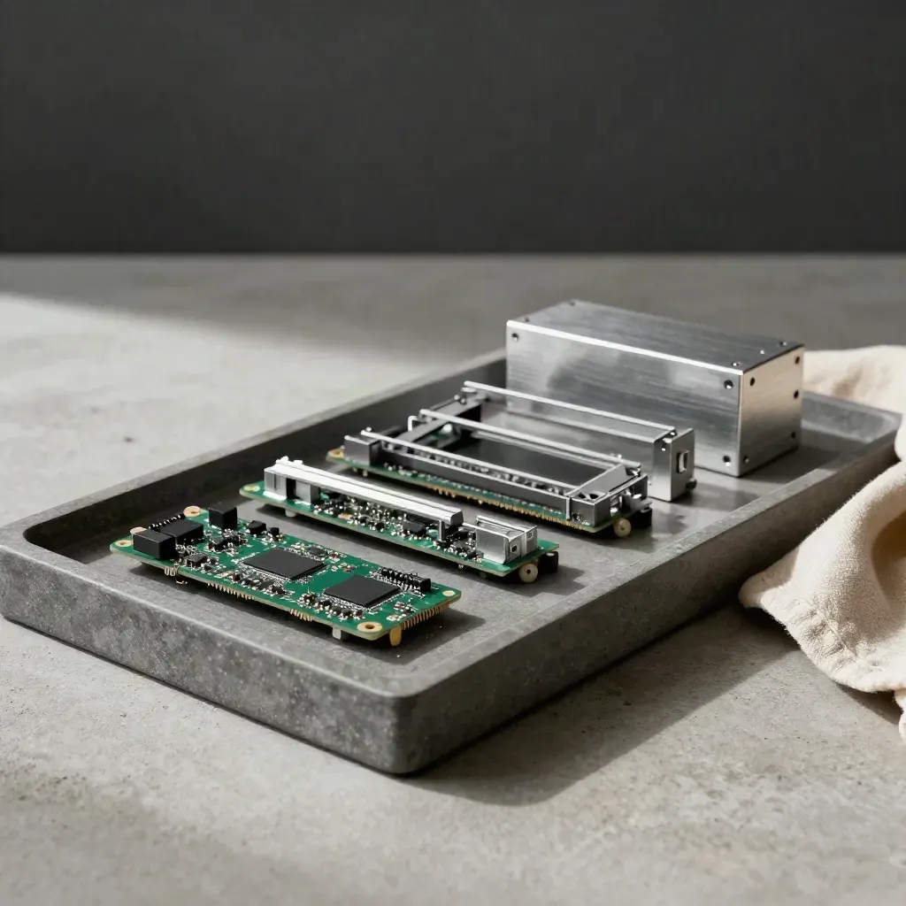 PCB modules and a milled aluminium enclosure arranged on a stone tray with a folded cloth.