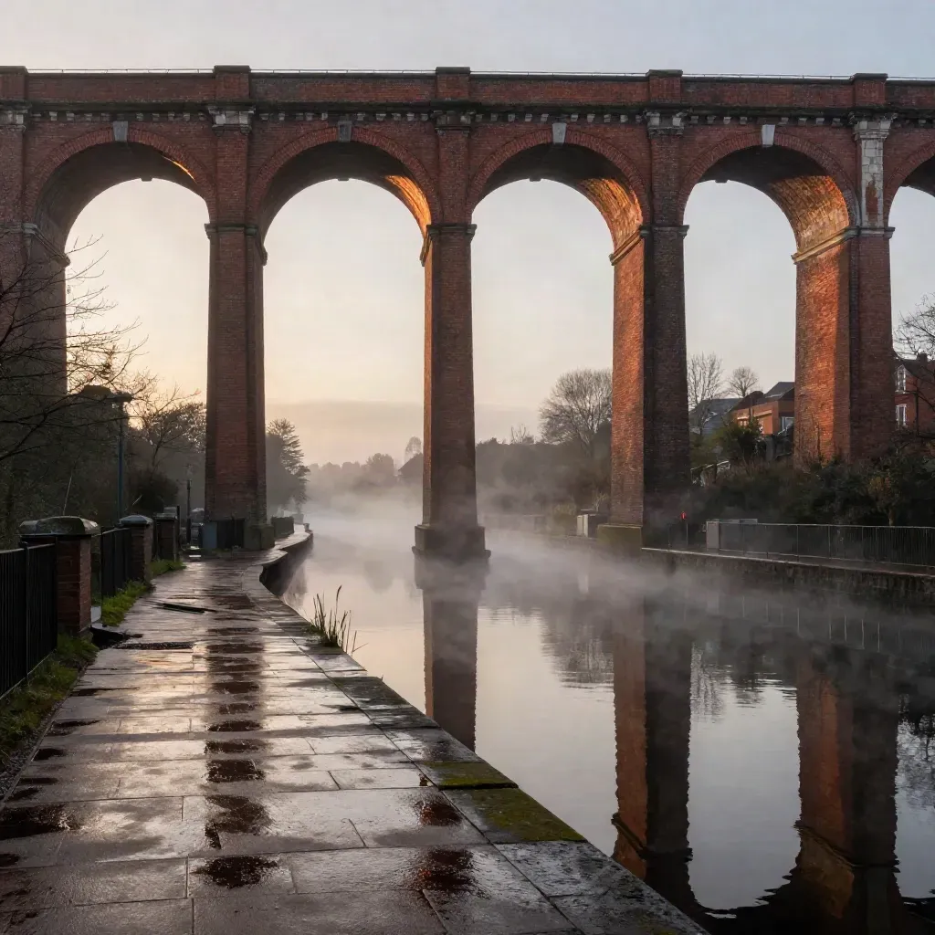 Birmingham canal arches and viaducts mirrored in still water at golden hour